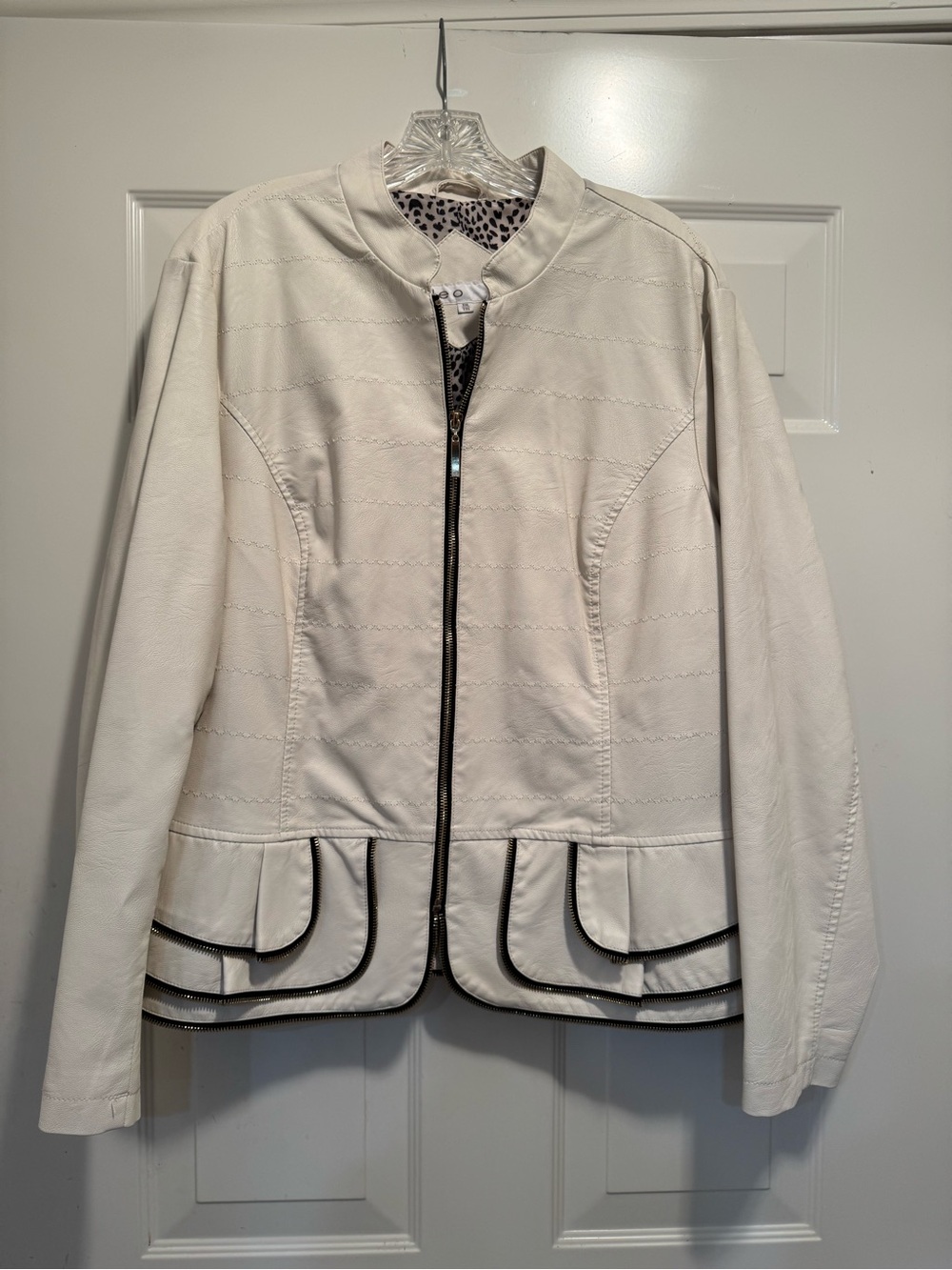 cleo Cream Leather Zip Jacket with Black Trim